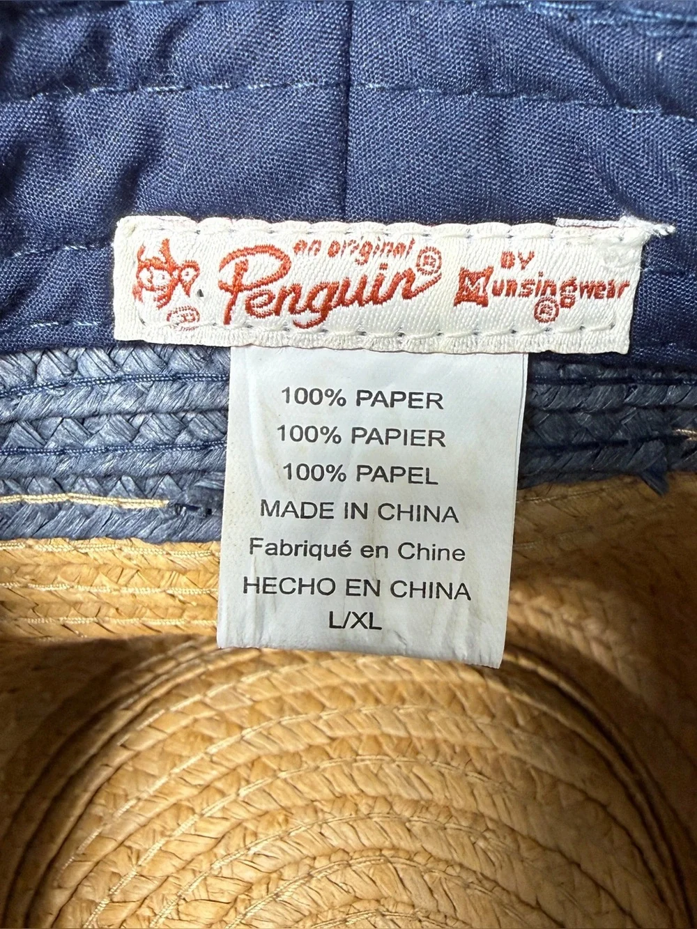 Original Penguin Two-Tone Natural Navy Straw Fedora Porkpie Summer Hat L/XL